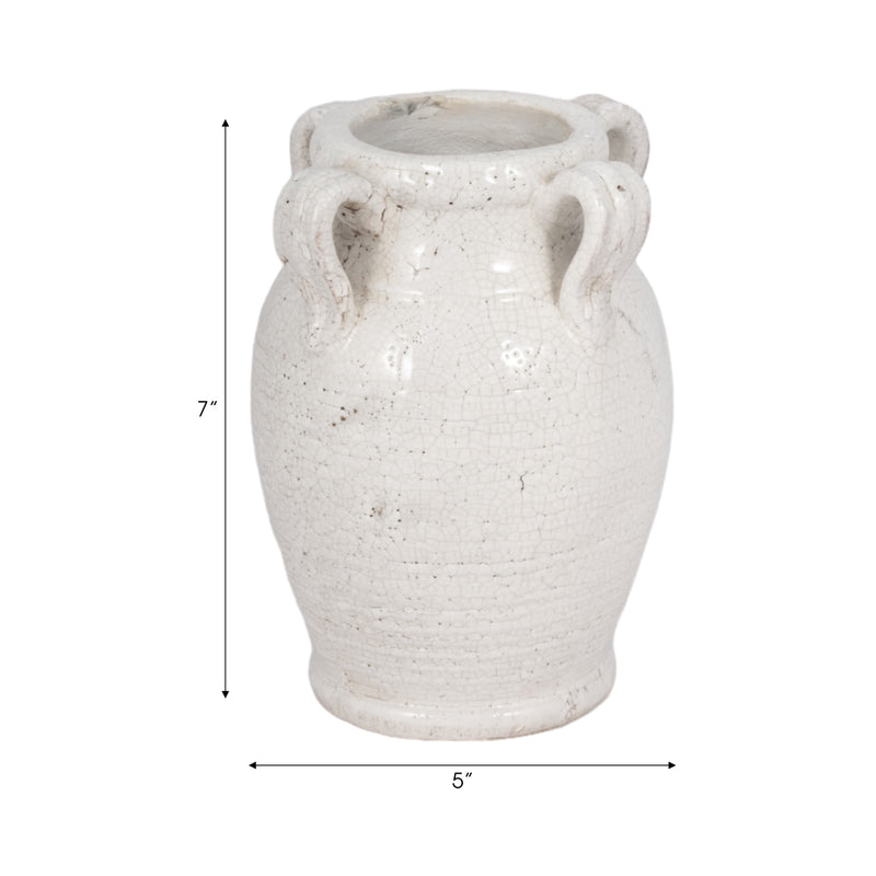 7 Terracotta Vase With Handles, White Crackle