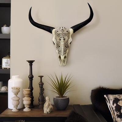 RESIN, 28 BULL SKULL WALL ACCENT, IVORY/BLACK KD