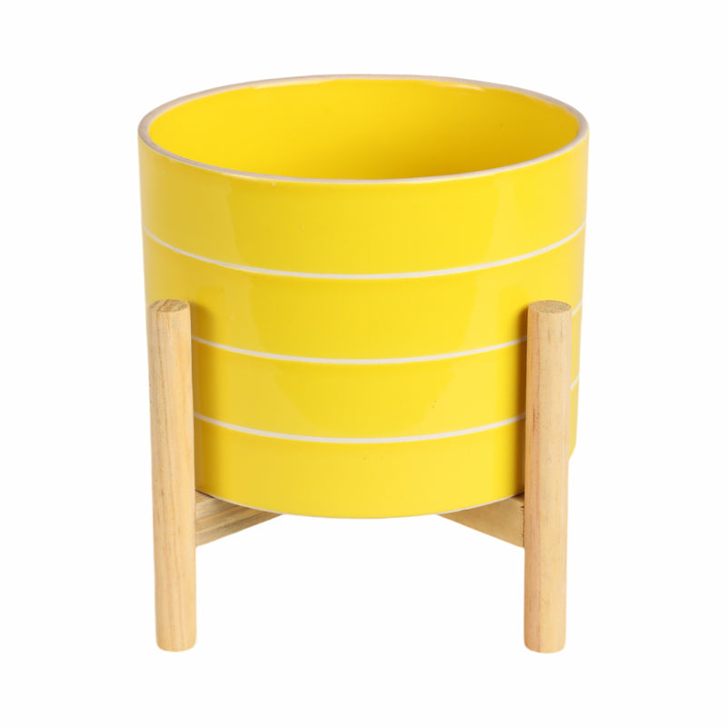 8 STRIPED PLANTER W/ WOOD STAND, YELLOW