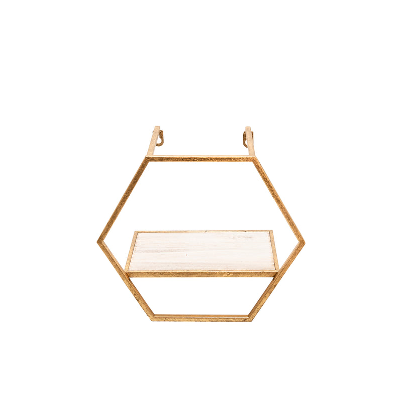 S/3 METAL/WOOD HEXAGON WALL SHELVES, GOLD