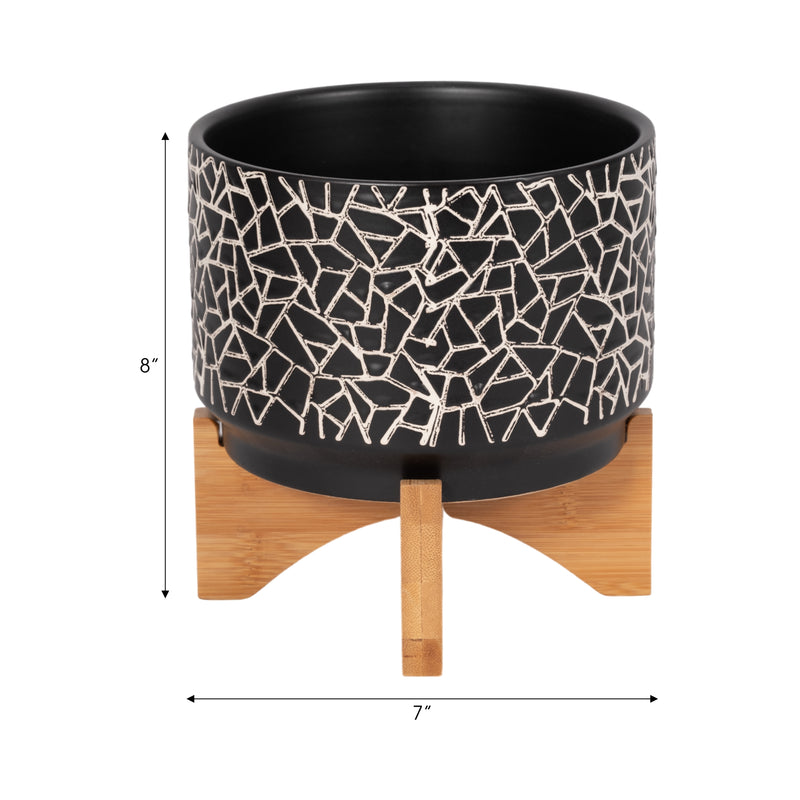 7 CRACKLED PLANTER W/ WOOD STAND, BLACK