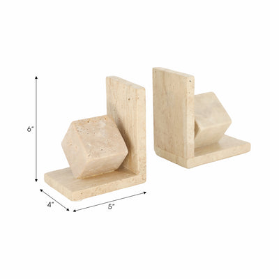 S/2 6 Travertine Cube On Base Bookends, Tan