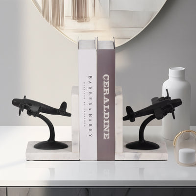 Metal, S/2 6 Airplane Bookends On Marble, Blk/wht