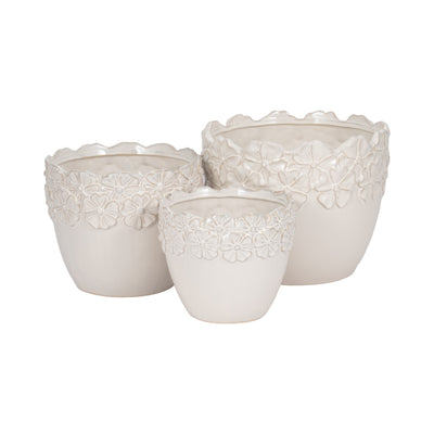 S/3 8/9/11 Floral Crown Planter, Ivory