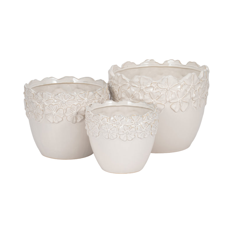 S/3 8/9/11 Floral Crown Planter, Ivory