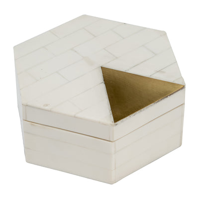 RESIN, S/2 5/7 HXGON BOXES W/BRASS INLAY, WHT/GLD