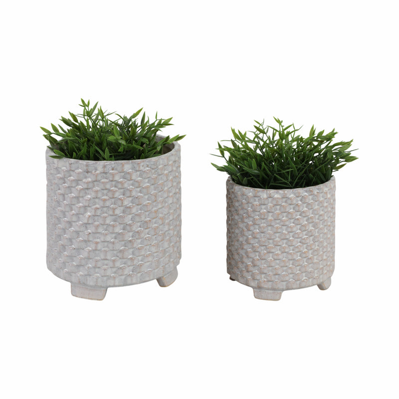 S/2 Ceramic 6/8 Textured Footed Planter, White