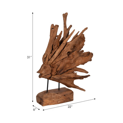 31 Teak Wood Fish On Stand, Light Natural