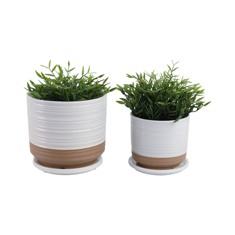 Cer, S/2 6/8 Planter W/ Saucer, White