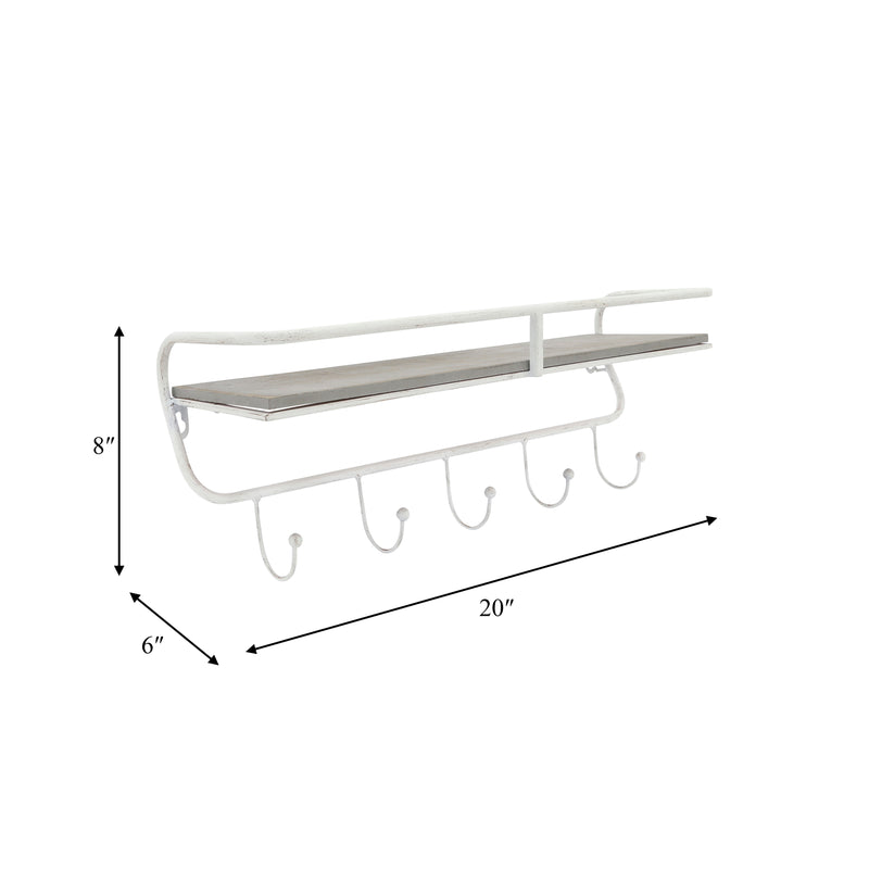 METAL/WOOD 20 5  HOOK WALL SHELF, WHITE/GRAY