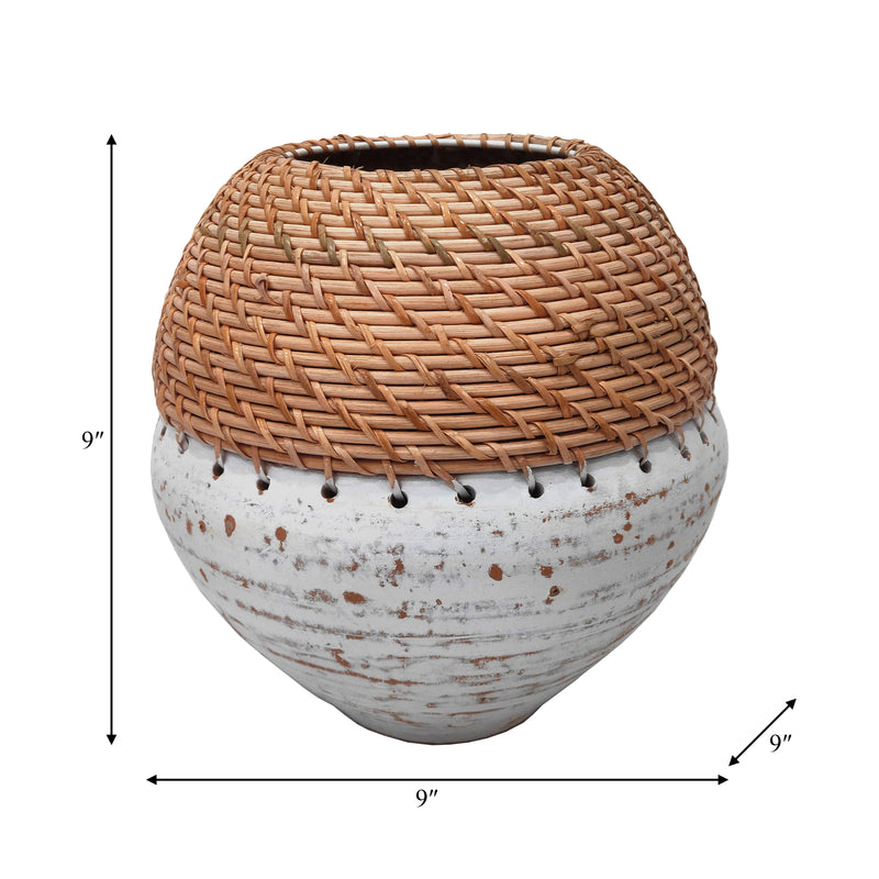 CLAY, 9 VASE WITH WOVEN TOP, WHITE/NATURAL