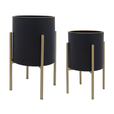 S/2 PLANTER ON METAL STAND, BLACK/GLD