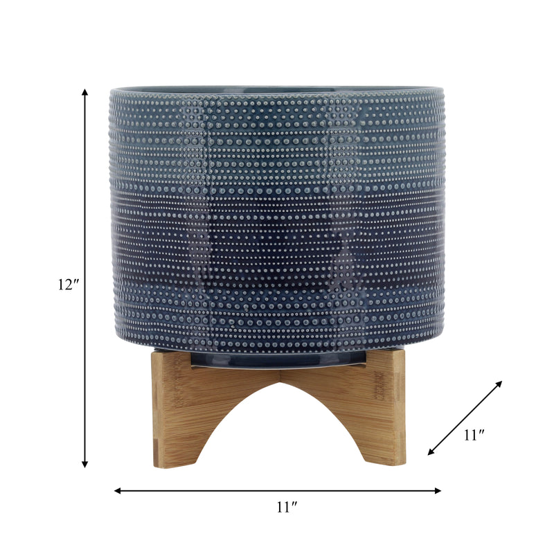 11 DOTTED PLANTER W/ WOOD STAND, BLUE