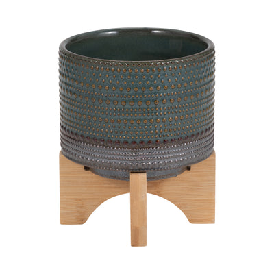 5 DOTTED PLANTER W/ WOOD STAND, GREEN