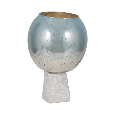 Glass, 15 Bowl Pillar Holder Marble Base, Aqua/wh