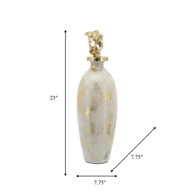 GLASS, 23H METAL VASE TRIBAL TOPPER,  WHITE/GOLD