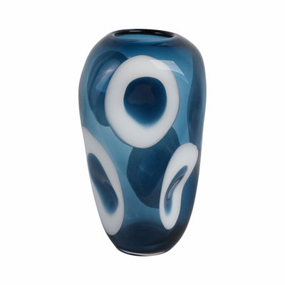 14x8 Curvy Polka Dot Glass Vase, Blue/white