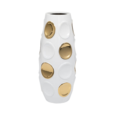 Stoneware, 17 Circle Embossed Vase, White/gold