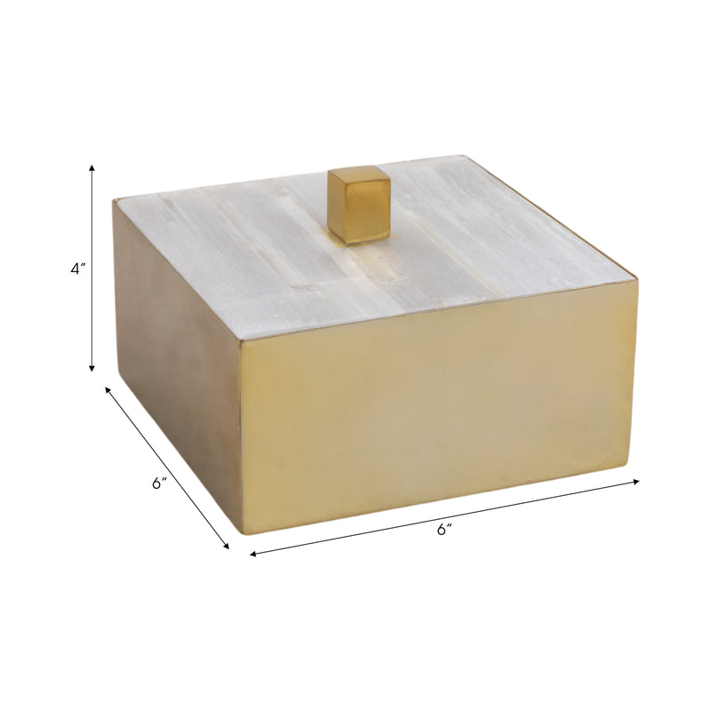 6 Square Selenite Top Box, White/gold