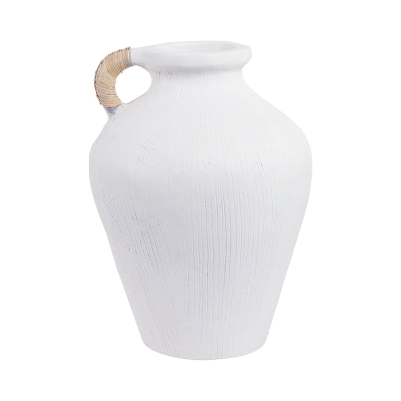 17 Textured Terracota Vase W/rattan Handle, Wht