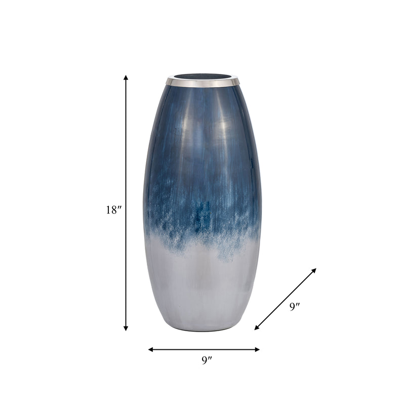 GLASS,18H VASE W/METAL RIM, BLUE/WHT OMBRE