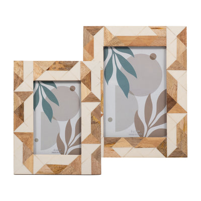 RESIN, 4X6 WOOD & WHITE GEOMETRIC PHOTO FRAME, WHI