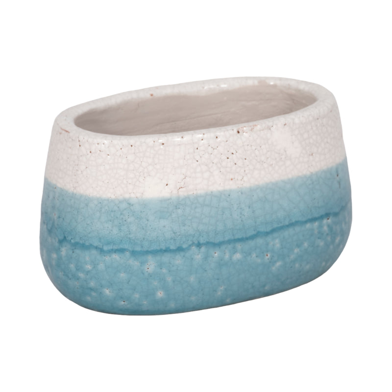 7 Oval Reactive Crackle Finish Planter, Blue/whit