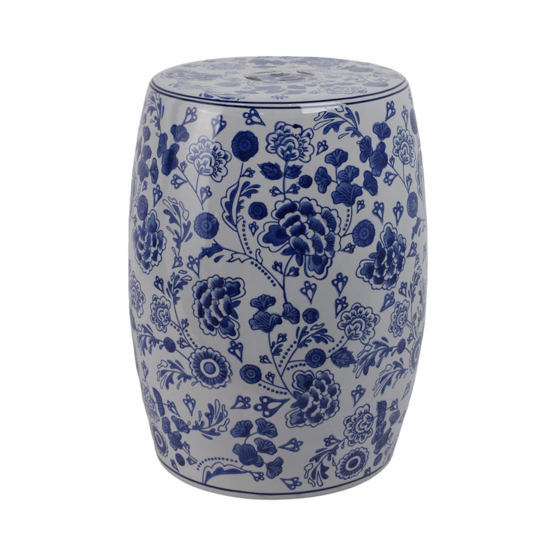 Cer, 18 Hydrangea Chinoiserie Stool, Blue/white