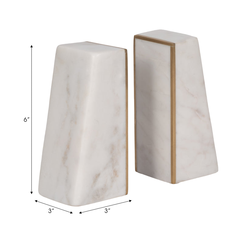 S/2 Marble 6h Slanted Bookends W/gold Trim,white