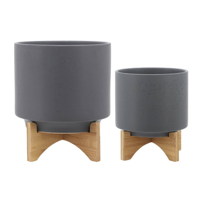 S/2 8/10 PLANTER W/ WOOD STAND, MATTE GRAY