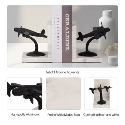 Metal, S/2 6 Airplane Bookends On Marble, Blk/wht