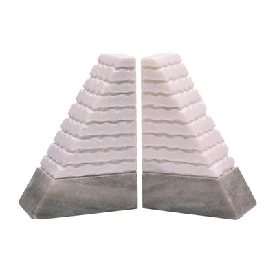 S/2 Marble 6h Pyramid Bookends, White/onyx