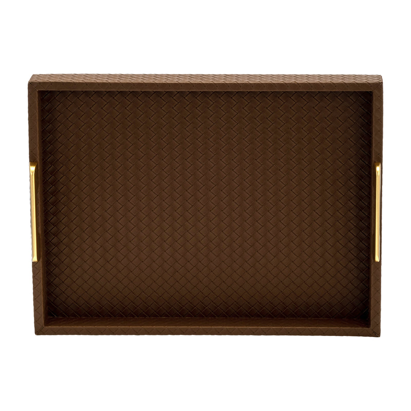 S/2 16/18L FAUX LEATHER WEAVE TRAYS, COGNAC