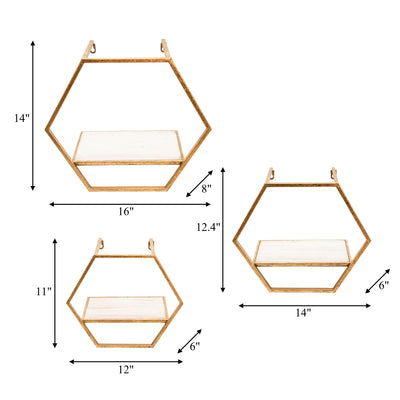 S/3 METAL/WOOD HEXAGON WALL SHELVES, GOLD