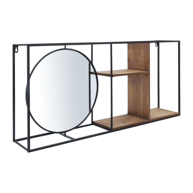 METAL/WOOD 34L WALL SHELF WITH MIRROR, BLACK/BROW