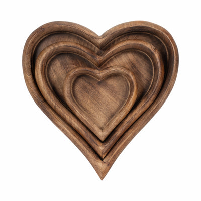 WOOD, S/3 7/11/14 HEART TRAYS, DARK BROWN