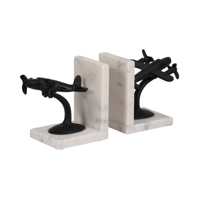 Metal, S/2 6 Airplane Bookends On Marble, Blk/wht