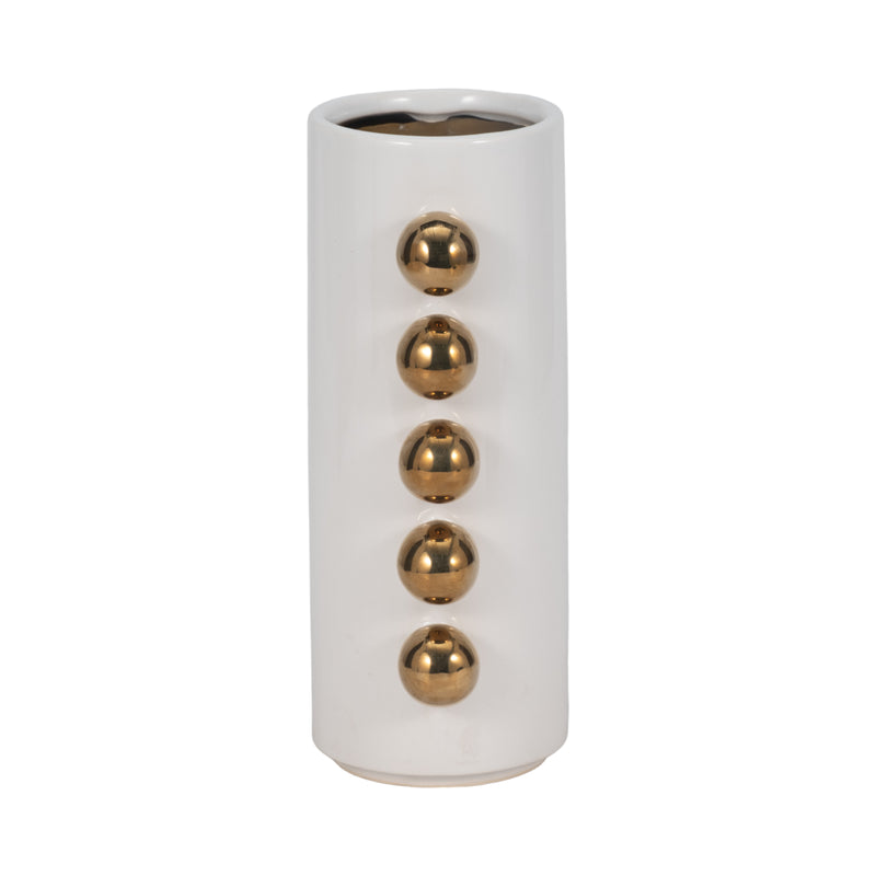 Cer, 10 Vase W/ Side Knobs, White/gold