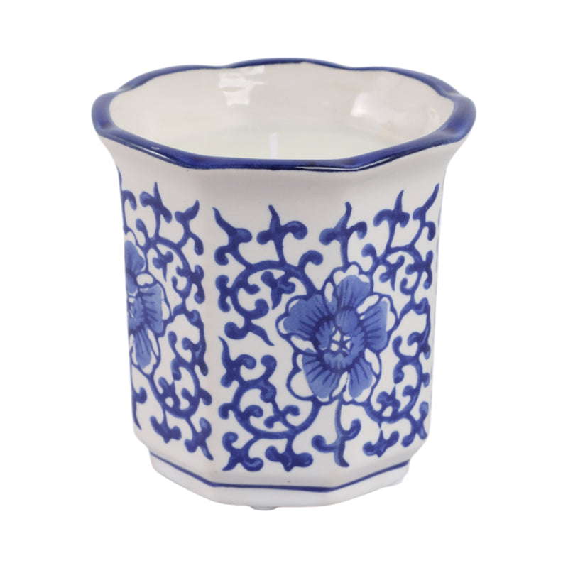 4, 6oz Fluted Chinoiserie Candle , Blue/white