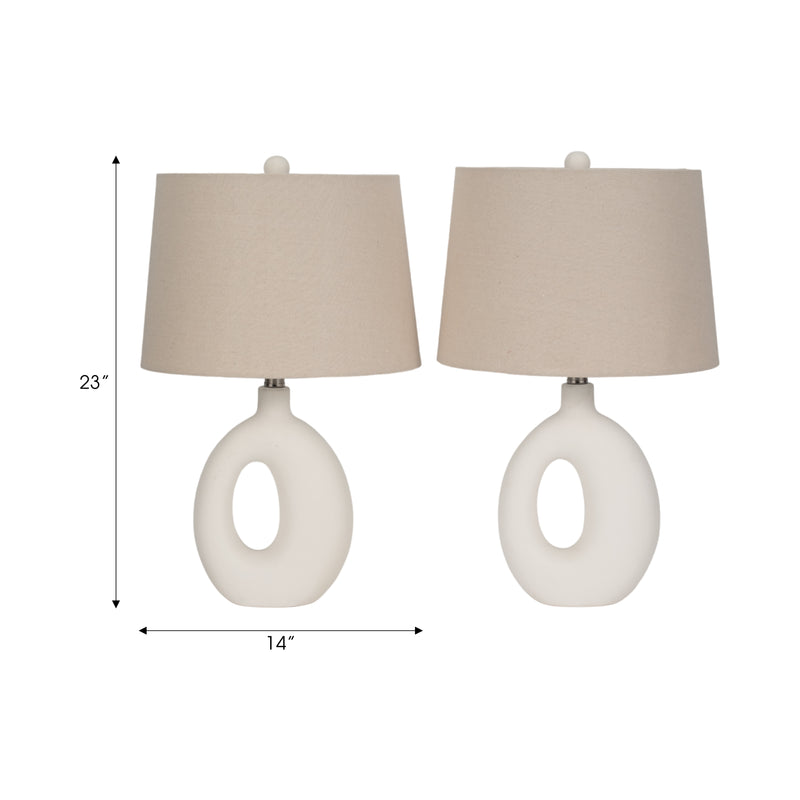 S/2 Ceramic 23 Open Cut Out Table Lamp, White/tan