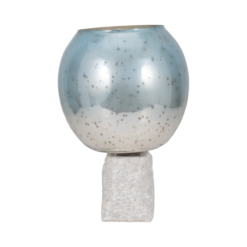 Glass, 15 Bowl Pillar Holder Marble Base, Aqua/wh