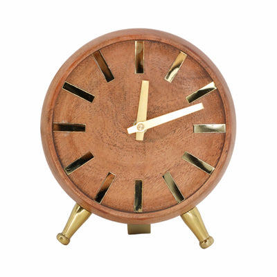 WOOD 6'' GOLD TABLE CLOCK, BROWN