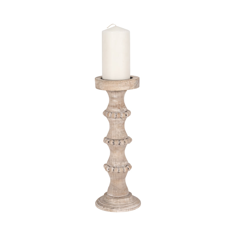 WOODEN 15 BANDED BEAD CANDLEHOLDER, DISTRESSED IV