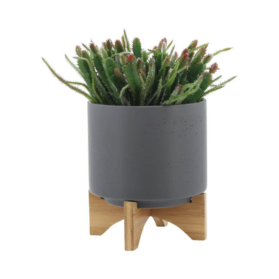 S/2 8/10 PLANTER W/ WOOD STAND, MATTE GRAY