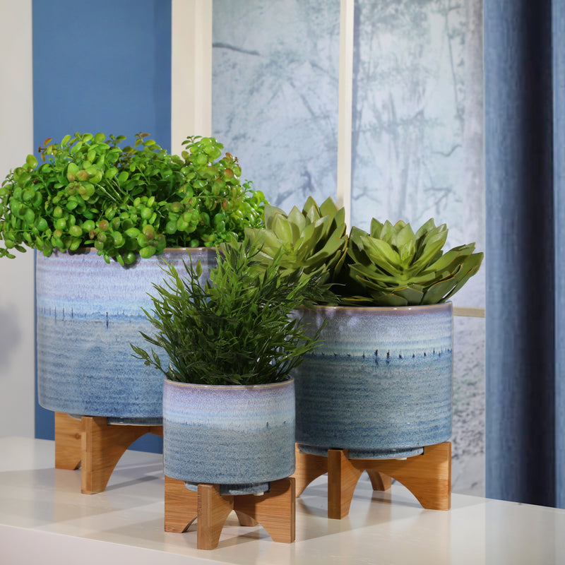 CERAMIC 8 PLANTER ON STAND, BLUE FADE