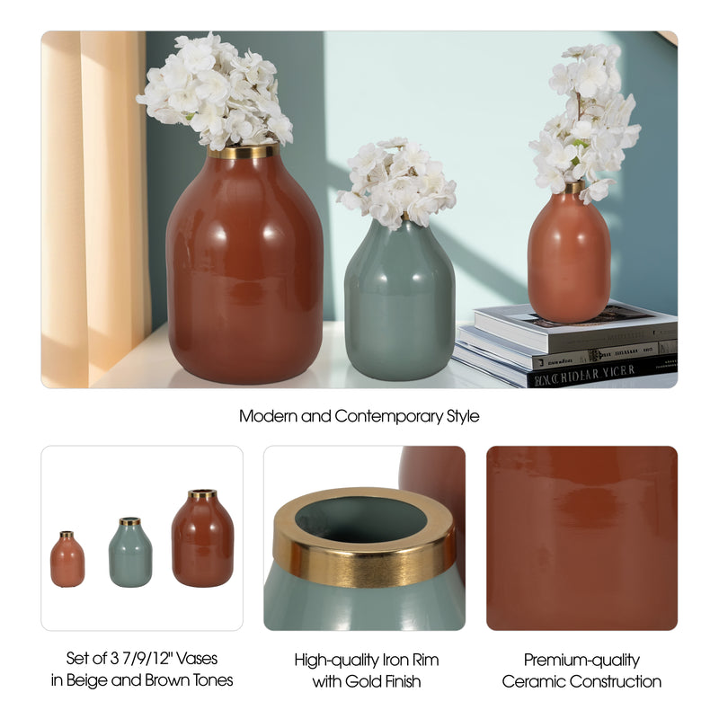 S/3 7/9/12 Jefford Metal Bottle Vases, Terracotta