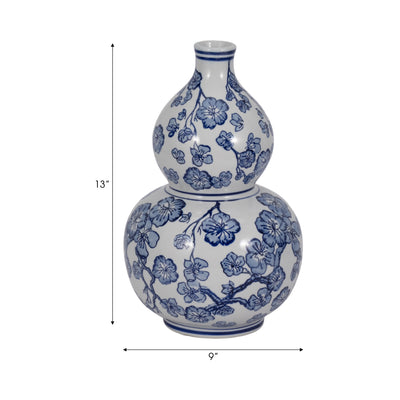 13 CHERRY BLOSSOM CHINOISERIE GOURD VASE, BLUE/WH