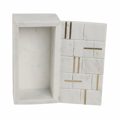 8 White Marble Box With Brass Inlay, White/gold