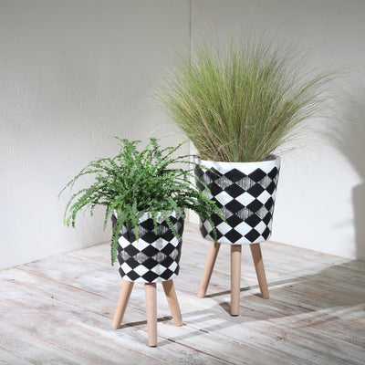 S/2 10/12 Diamond Planter W/ Wood Legs, Black(Kd)