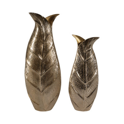 Metal, S/2 16/21 Fauna Leaf Vases, Champagne